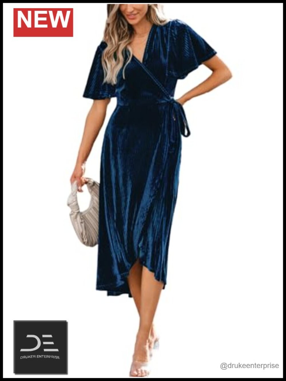 Women's V-Neck Belted Short Sleeve Midi Ribbed Knit Dress